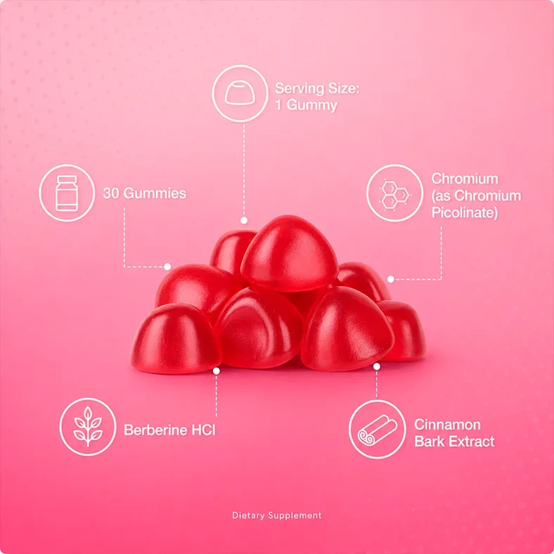 A stack of deep red Burn Gummy gummies with the serving size and ingredient names labelled around them