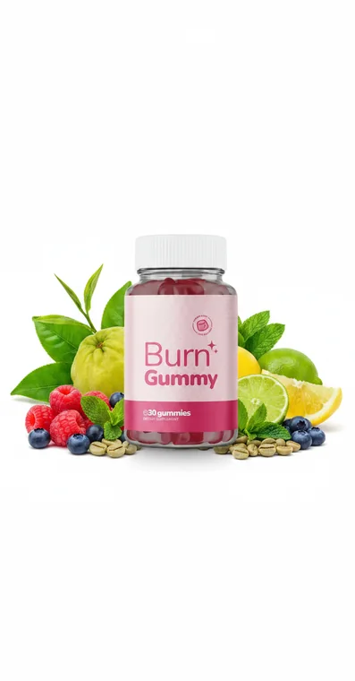 A Burn Gummy bottle surrounded by green coffee beans, citrus, berries and mint leaves