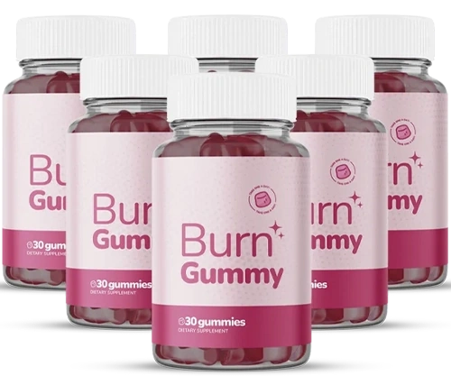A six-bottle Burn Gummy bundle, front labels, a 180-day supply