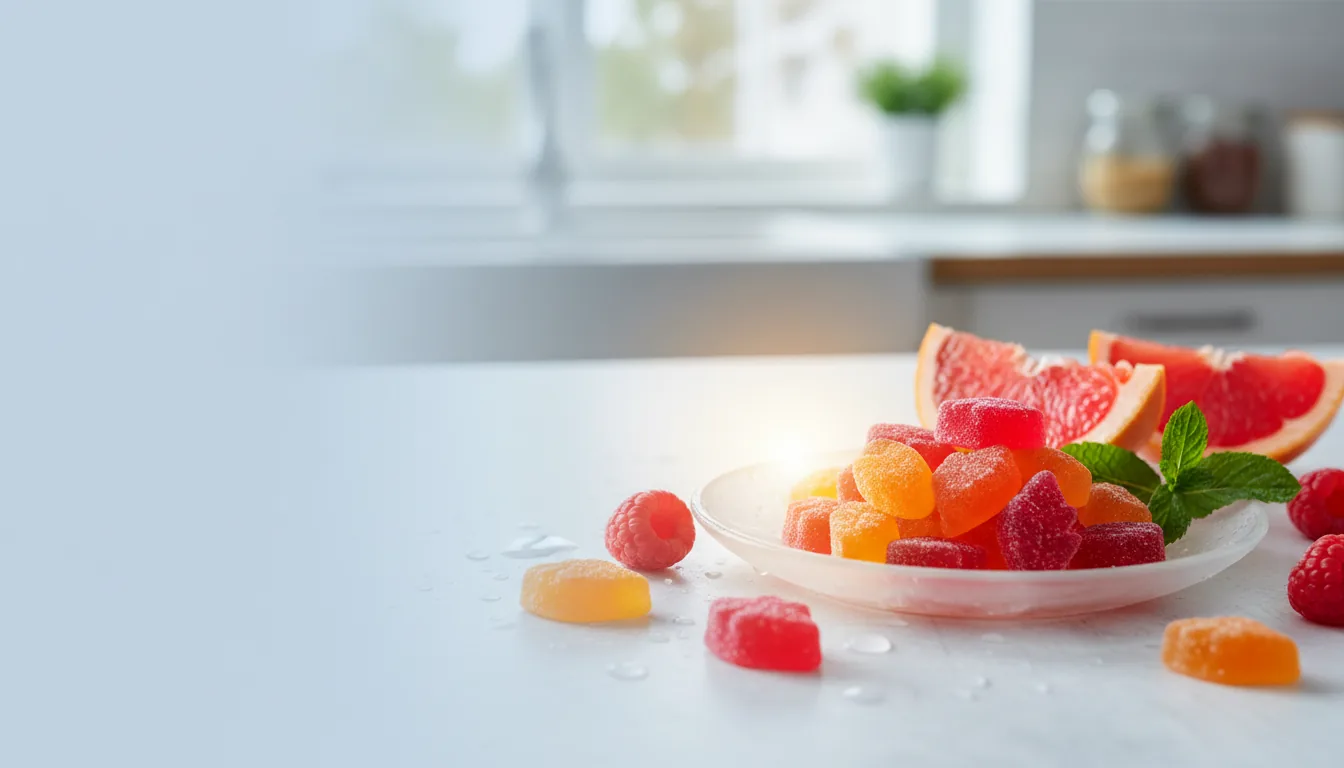 A plate of assorted sugar-coated gummy sweets on a kitchen counter